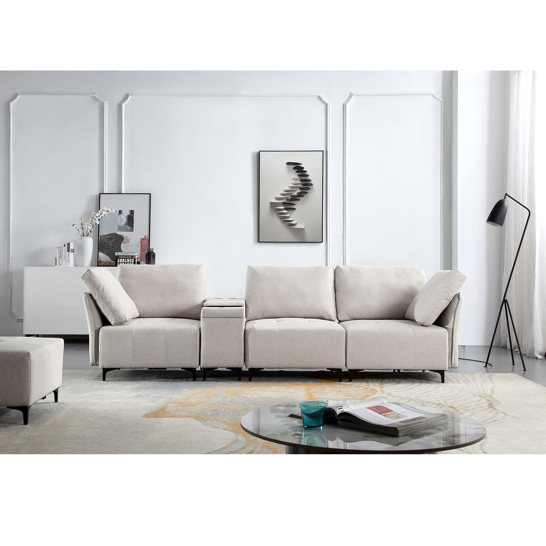 Modular Sectional Sofa,Multifunctional Couches For Living Room With Storage, Mid Console With Speaker And Storage,2 Usb Port And 1 Type C ,Wireless Charging Ceramic Top,Aluminum Cup Holder. Beige Linen Wood Primary Living Space Medium Soft Loose Back