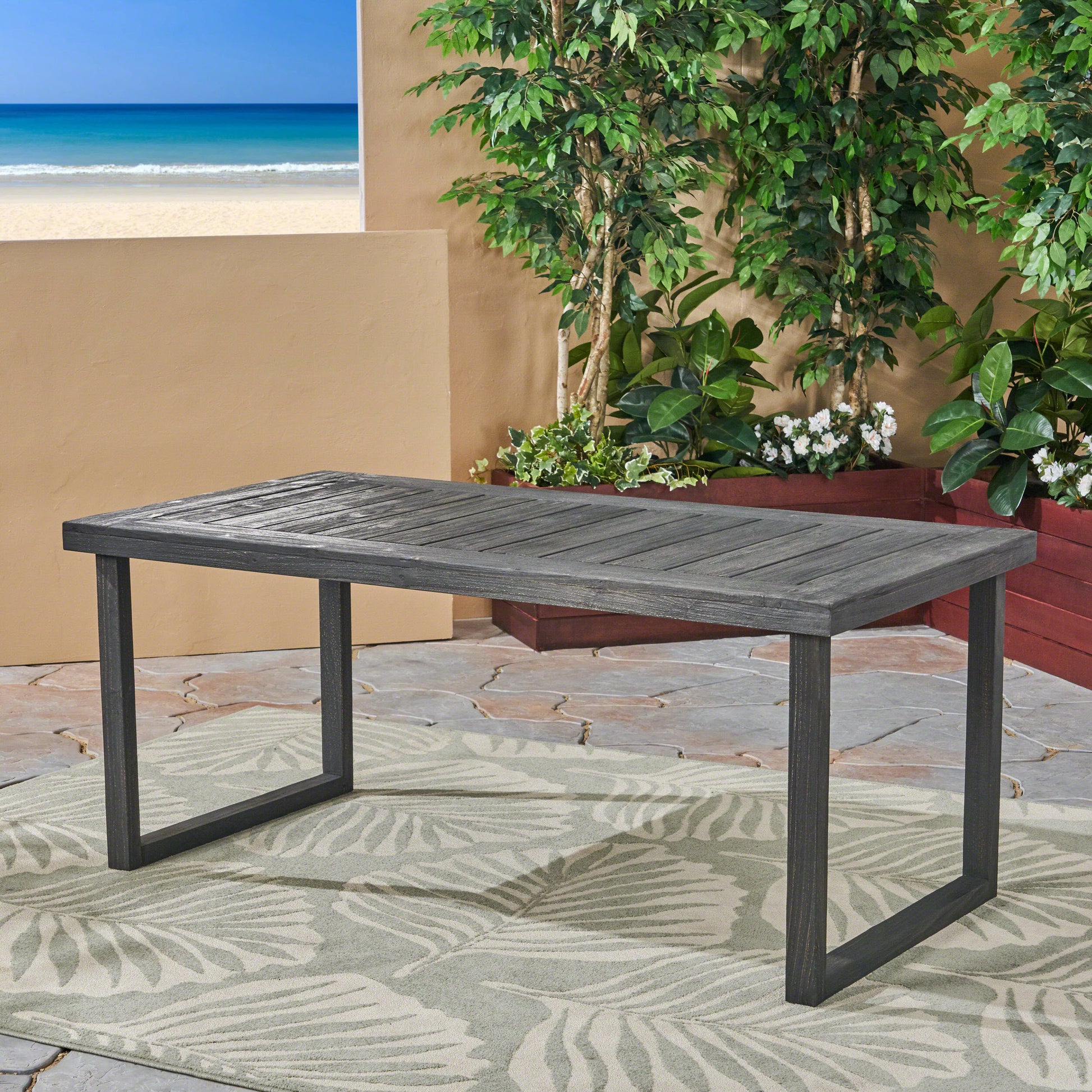 Outdoor 69" Acacia Wood Dining Table, Sandblast Dark Gray Finish Dark Grey Acacia Wood