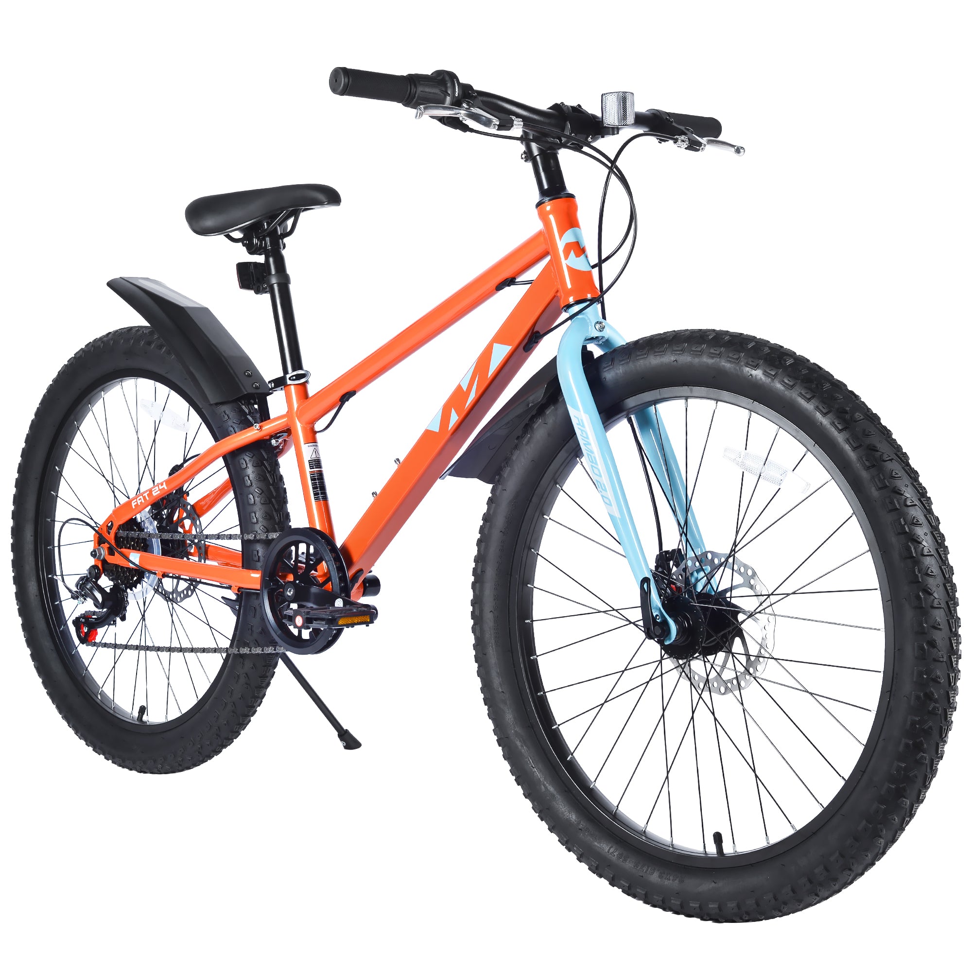 24 Inch Bicyclesfat Tire Mountain Bike For Boys And Girls Age 10 Years ,Dual Disc Brake,Shimano 7 Speed ,Kids Beach And Snow Bicycle Orange Steel