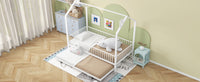 Twin Size Metal House Bed With Fence, With Trundle, White Twin White Metal