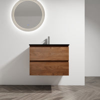 30" Wall Mounted Bathroom Vanity With Black Ceramic Sink, 2 Soft Close Drawers, Kd Package 2 Brown Oak Bathroom Wall Mounted Modern Plywood