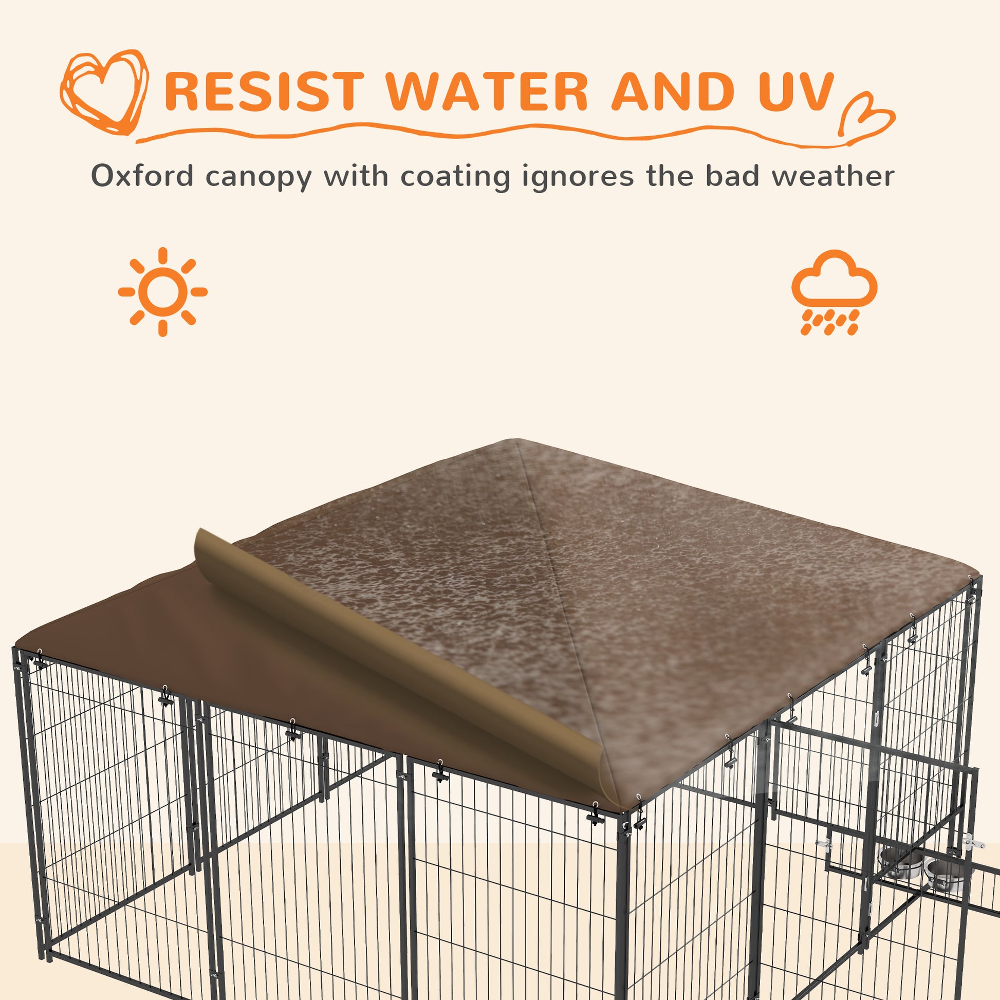 Pawhut Outside Dog Kennel, 6.9' X 6.9' X 5' Puppy Play Pen With Canopy, Garden Playpen Fence Crate Enclosure Cage Rotating Bowl, Coffee Coffee Metal