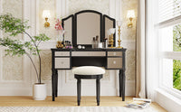 43" Dressing Table Set With Mirrored Drawers And Stool, Tri Fold Mirror, Makeup Vanity Set For Bedroom, Black Black Solid Wood Mdf