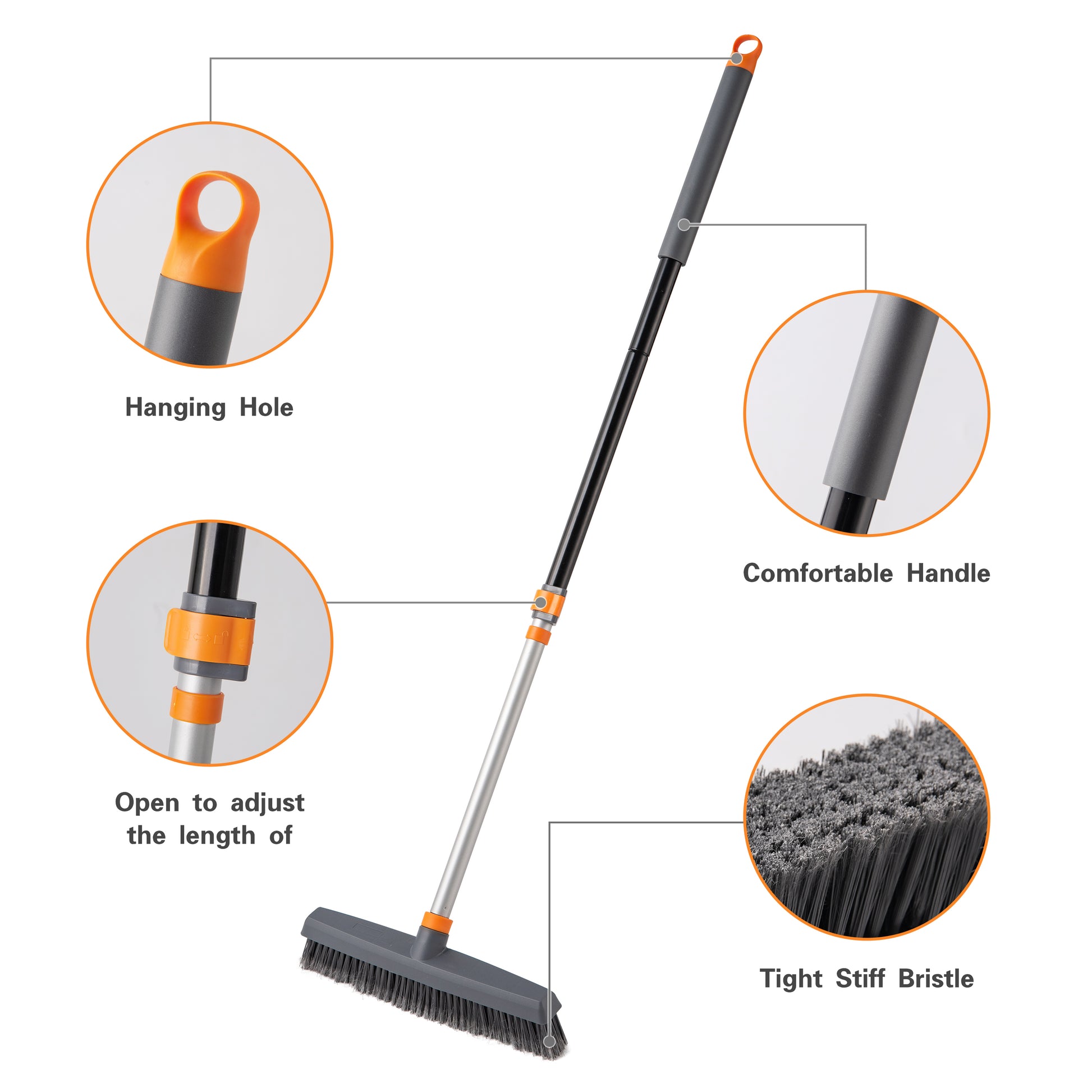 Floor Brush With Squeegee, Powerful Cleaning Tool For Concrete, Tile, Bathrooms, Kitchens, Garages And Swimming Pools, Adjustable Long Handle For Easy Lathering And Stain Removal Black Plastic