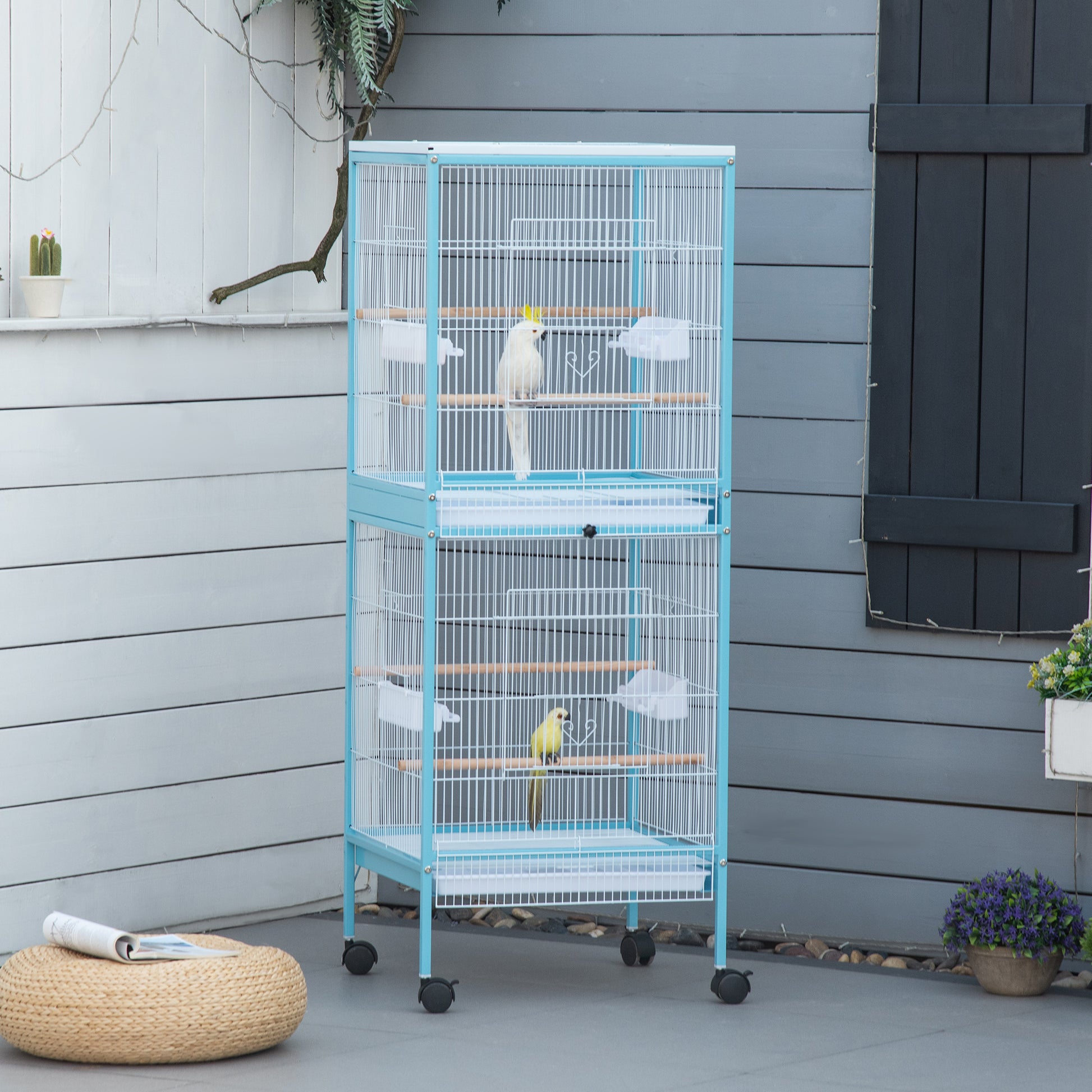 Pawhut Large Bird Cage With 1.7 Ft. Width For Wingspan, Bird Aviary Indoor With Multi Door Design, Fit For A Canary, Finch, Conure, 55", Light Blue Light Blue Steel