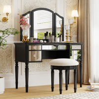 43" Dressing Table Set With Mirrored Drawers And Stool, Tri Fold Mirror, Makeup Vanity Set For Bedroom, Black Black Solid Wood Mdf