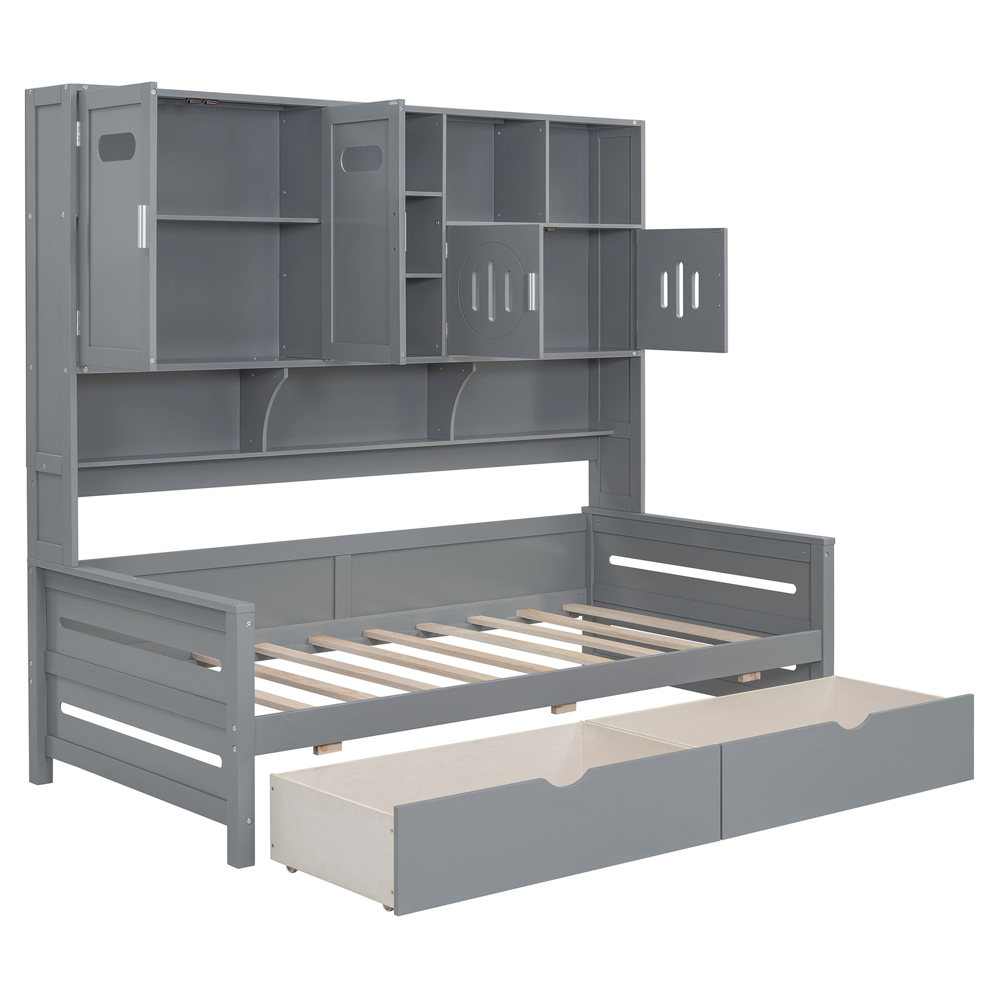 Twin Size Wooden Daybed With 2 Drawers, And All In One Cabinet And Shelf, Gray Twin Gray Wood