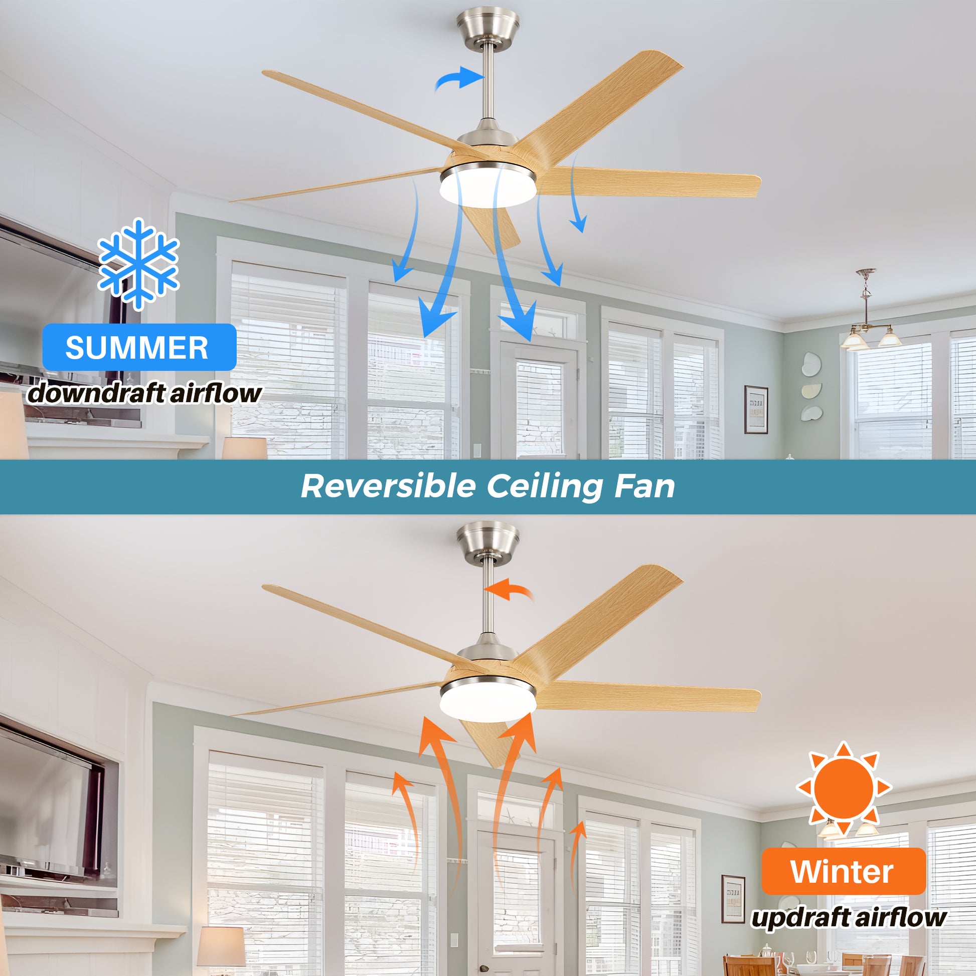 52 Inch Modern Ceiling Fan With Dimmable Led Light And Remote Control 5 Abs Blades 3 Color Tempearture Brushed Nickel Abs