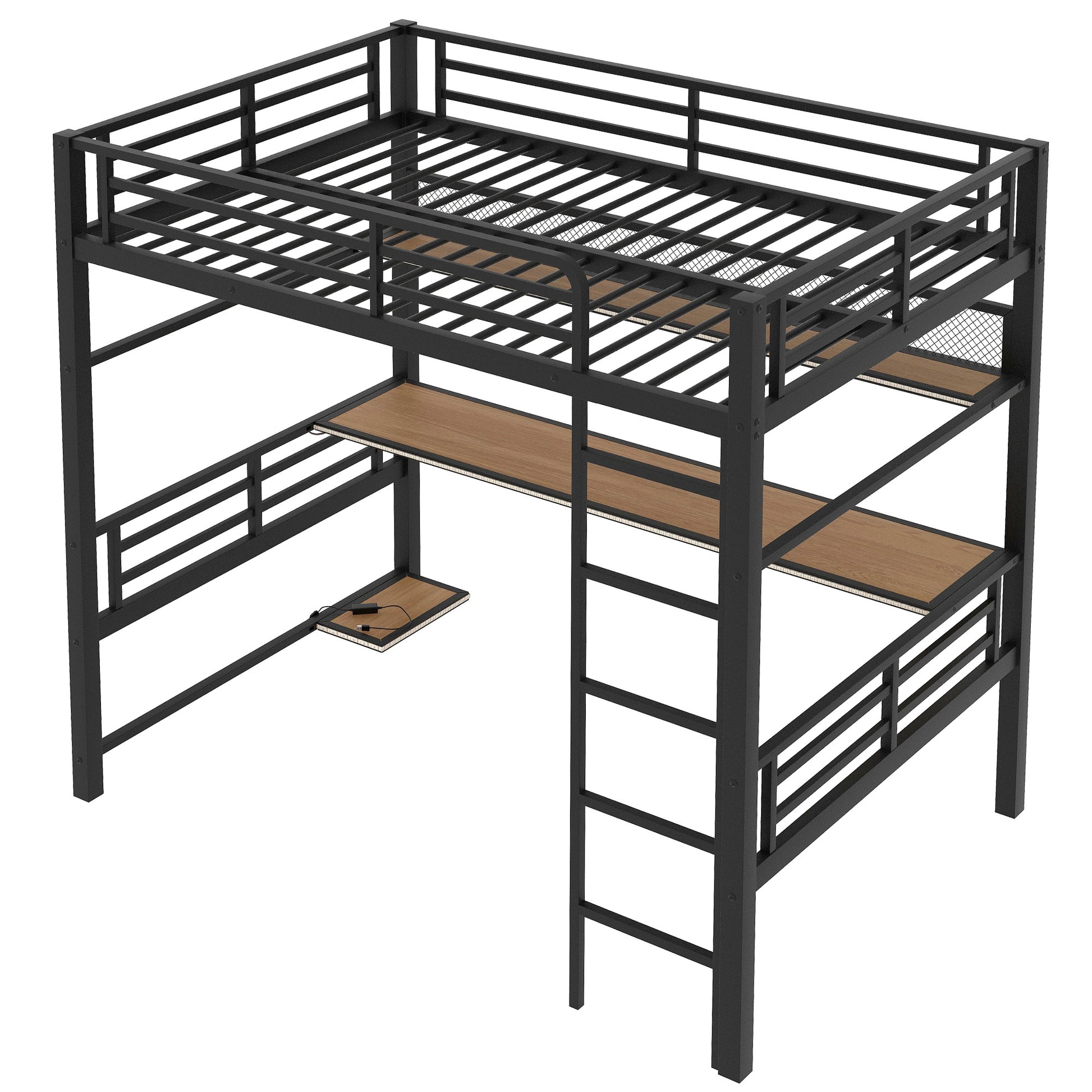 Full Size Metal Loft Bed Frame With Storage Shelf And Led Light,Iron Mesh,Black Expected Arrival Time:10.10 Black Metal