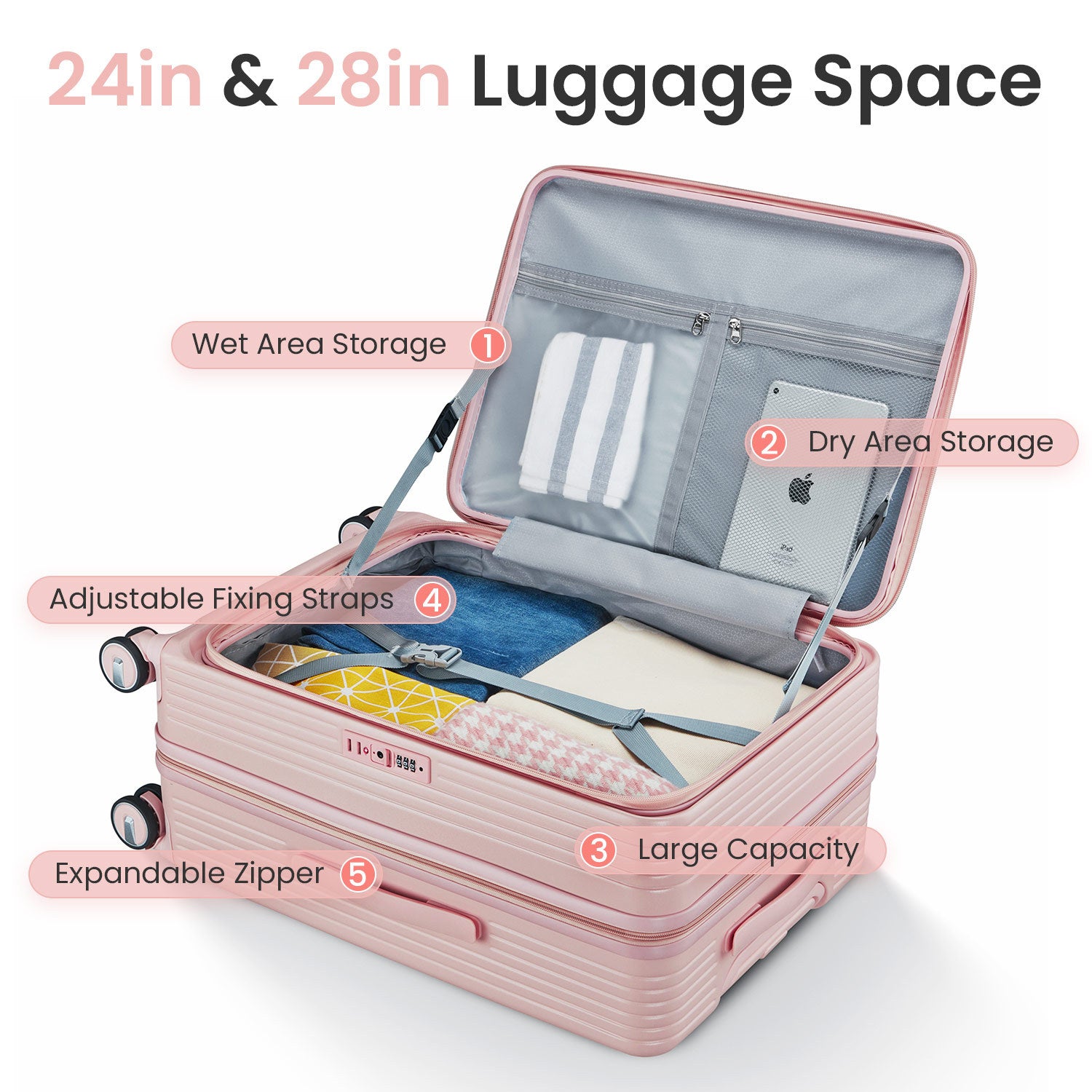 Luggage Sets 3 Piece 20 24 28 , Expandable Carry On Luggage With Tsa Lock Airline Approved, 100% Pc Hard Shell And Lightweight Suitcase With Front Pocket And Spinner Wheels Pink Pc