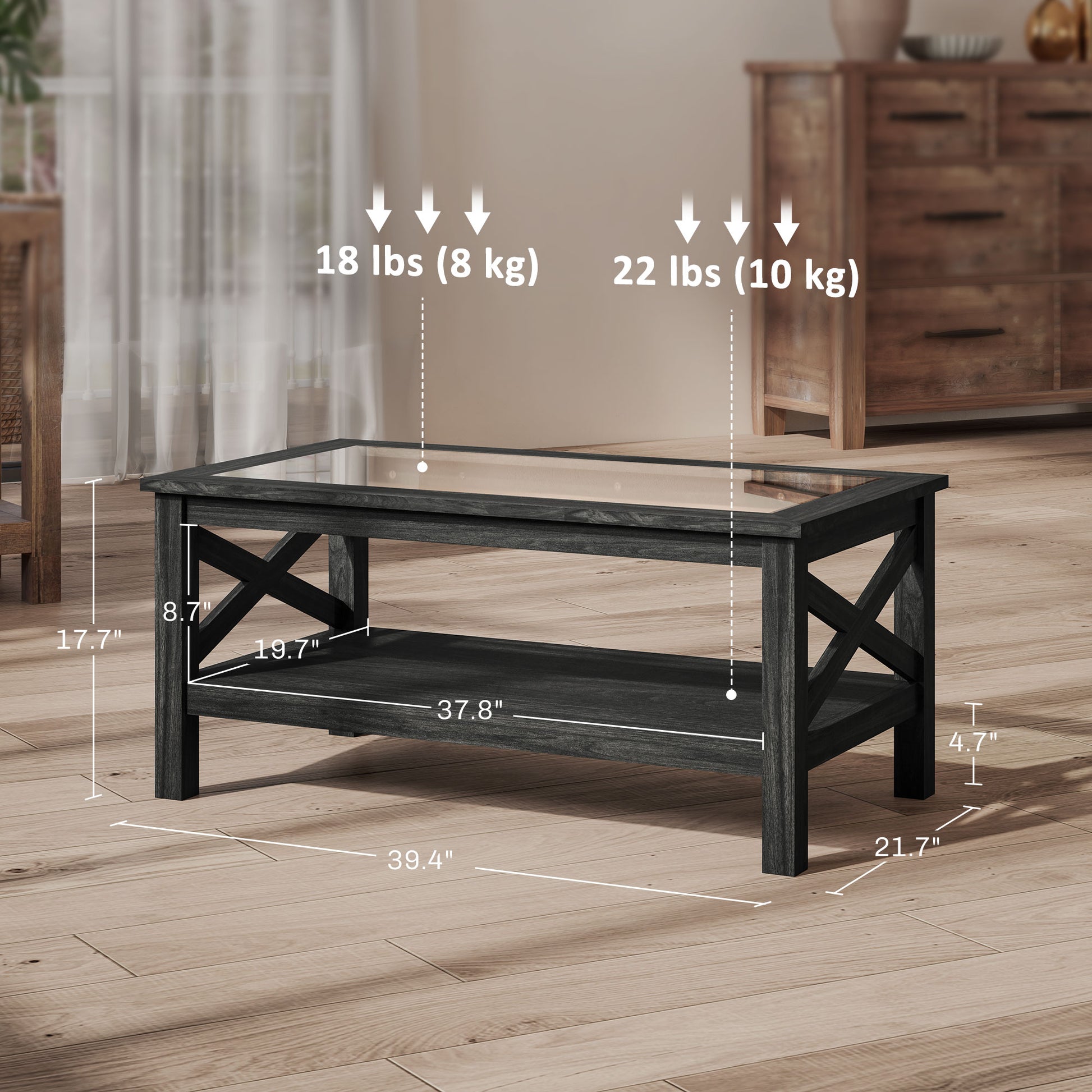 Homcom Glass Coffee Table, Modern Farmhouse Center Table With Storage, Side Table For Living Room With Classic X Bar Style Sides, Black Black Mdf