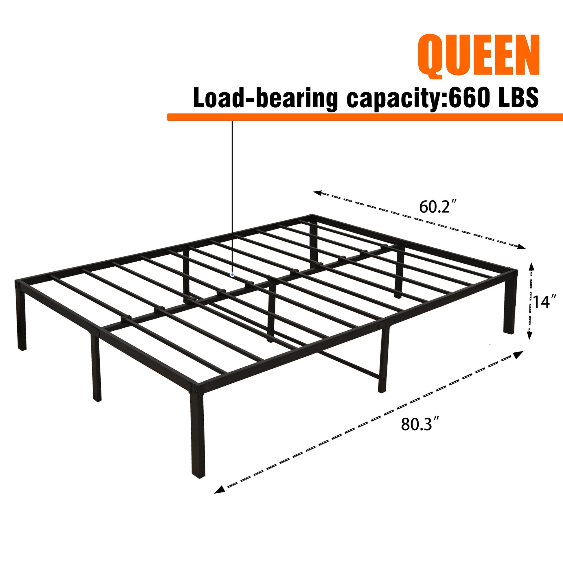 14 Inch Bed Frame Queen Size Heavy Duty Steel Slat Support Metal Platform Queen Bed Frame No Box Spring Needed, Easy Assembly, Black Queen Black Metal