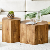 Modern Minimalist Set Of Two Hexagonal Wood Grain Mdf Coffee Tables.Modern Mdf Coffee Table, With Complex Texture Patterns, Style And Texture Coffee Table To Redefine Your Interior Decoration. Wood
