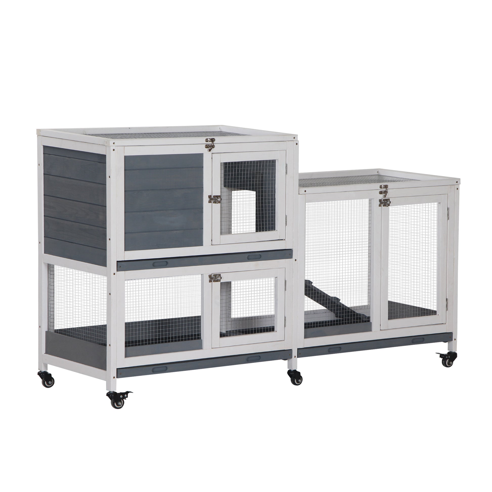 Pawhut Wooden Rabbit Hutch Bunny Hutch Elevated Pet House Cage Small Animal Habitat With No Leak Tray Lockable Door Openable Top For Indoor 57.75" X 18" X 32.5" Grey Grey White Wood