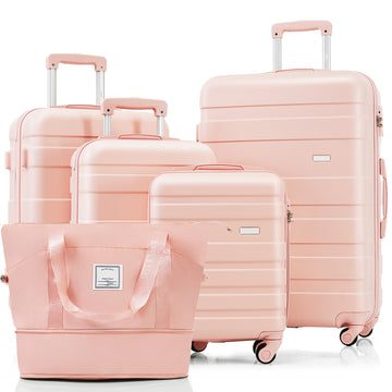 5 Piece Luggage Set With Expandable Travel Bag Includes 16", 20", 24", 28" Suitcases With 360 Spinner Wheels And Adjustable Telescopic Handles,Pink Pink Abs