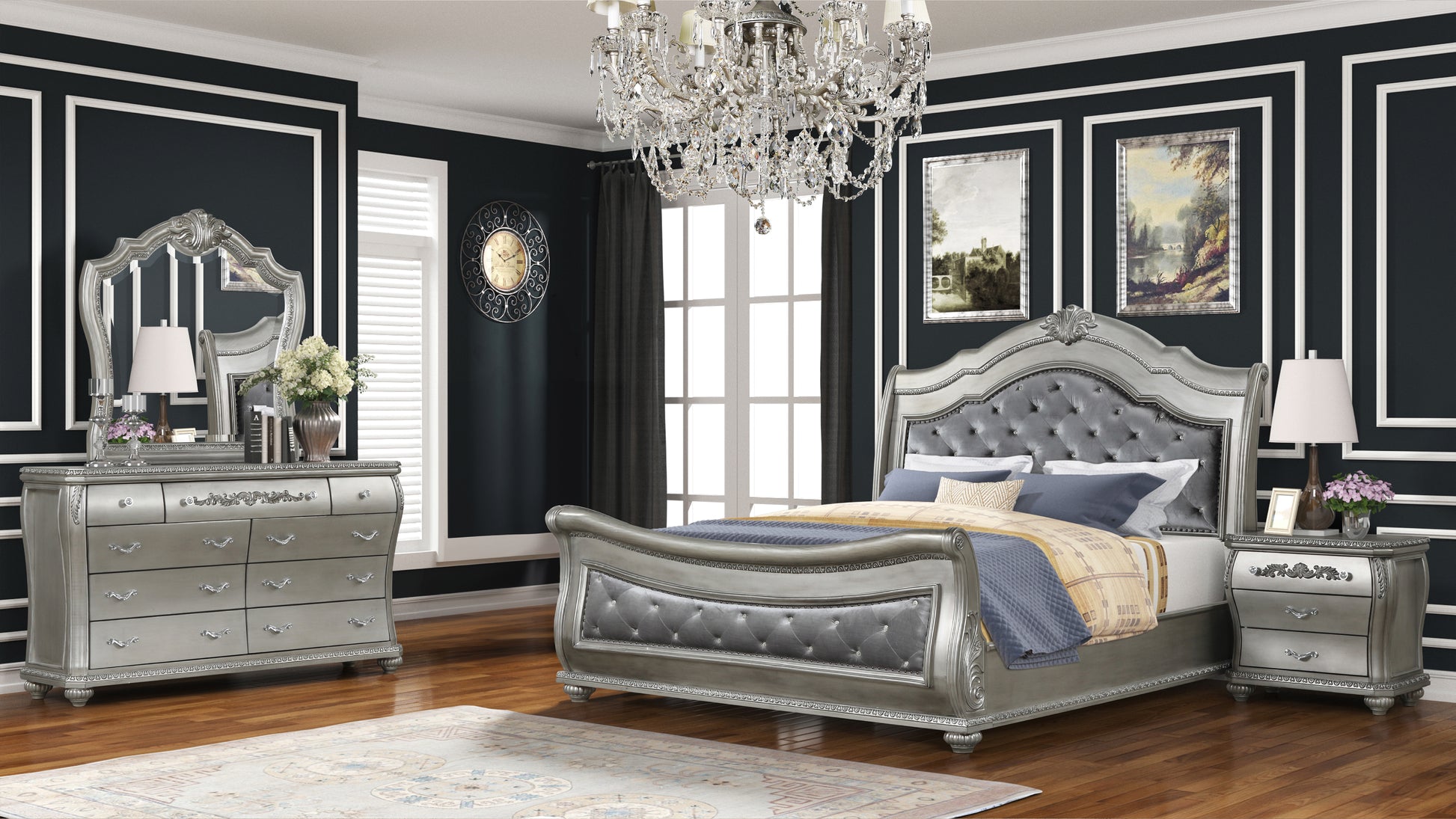 Destiny Traditional Style Upholstered Crystal Tufted Queen Bed Made With Wood In Silver Box Spring Required Queen Silver Wood Bedroom Traditional Bed Frame Solid Wood Mdf Velvet Wood