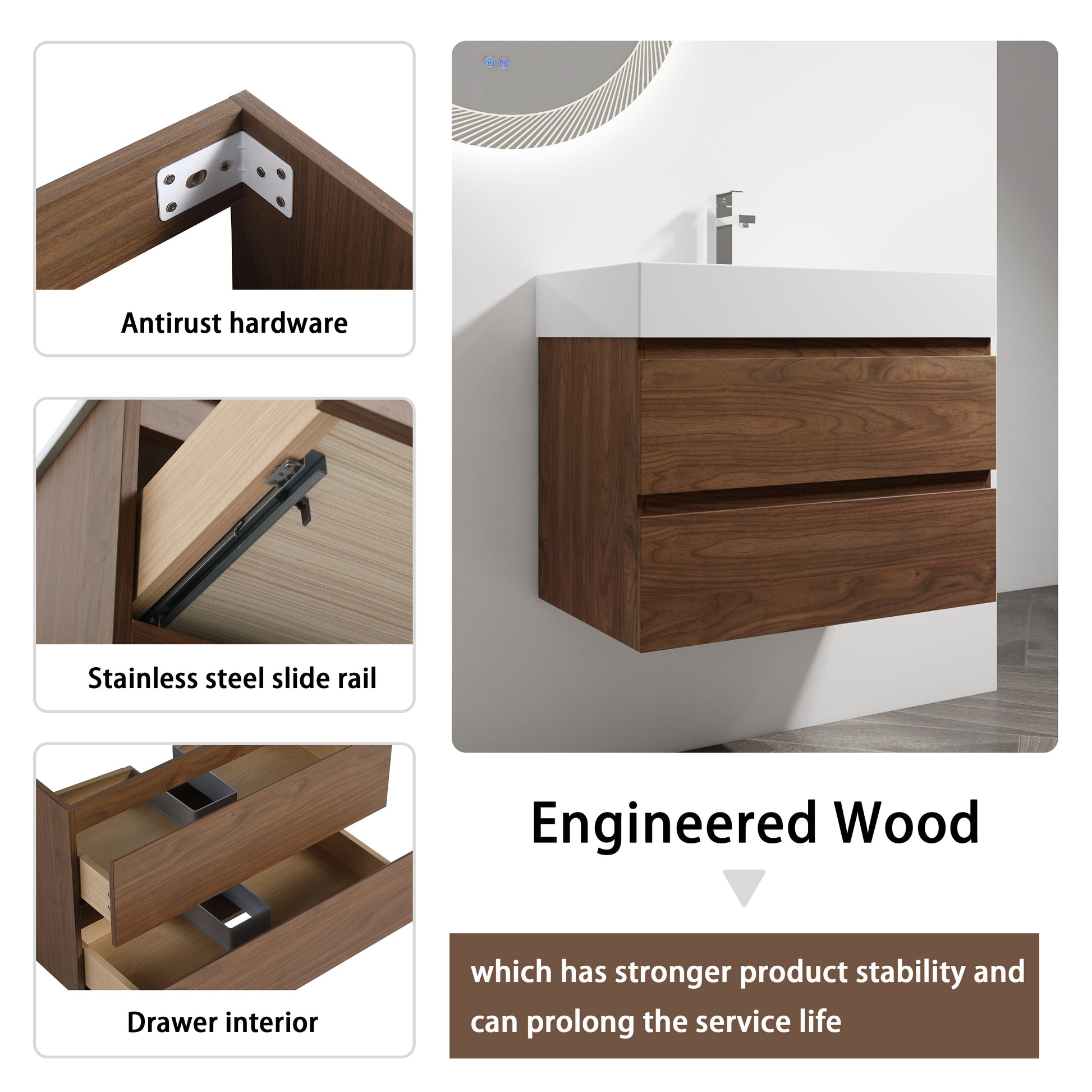 30" Wall Mounted Bathroom Vanity With Resin Sink, 2 Soft Close Drawers, Kd Package 2 Brown Oak Bathroom Wall Mounted Modern Plywood