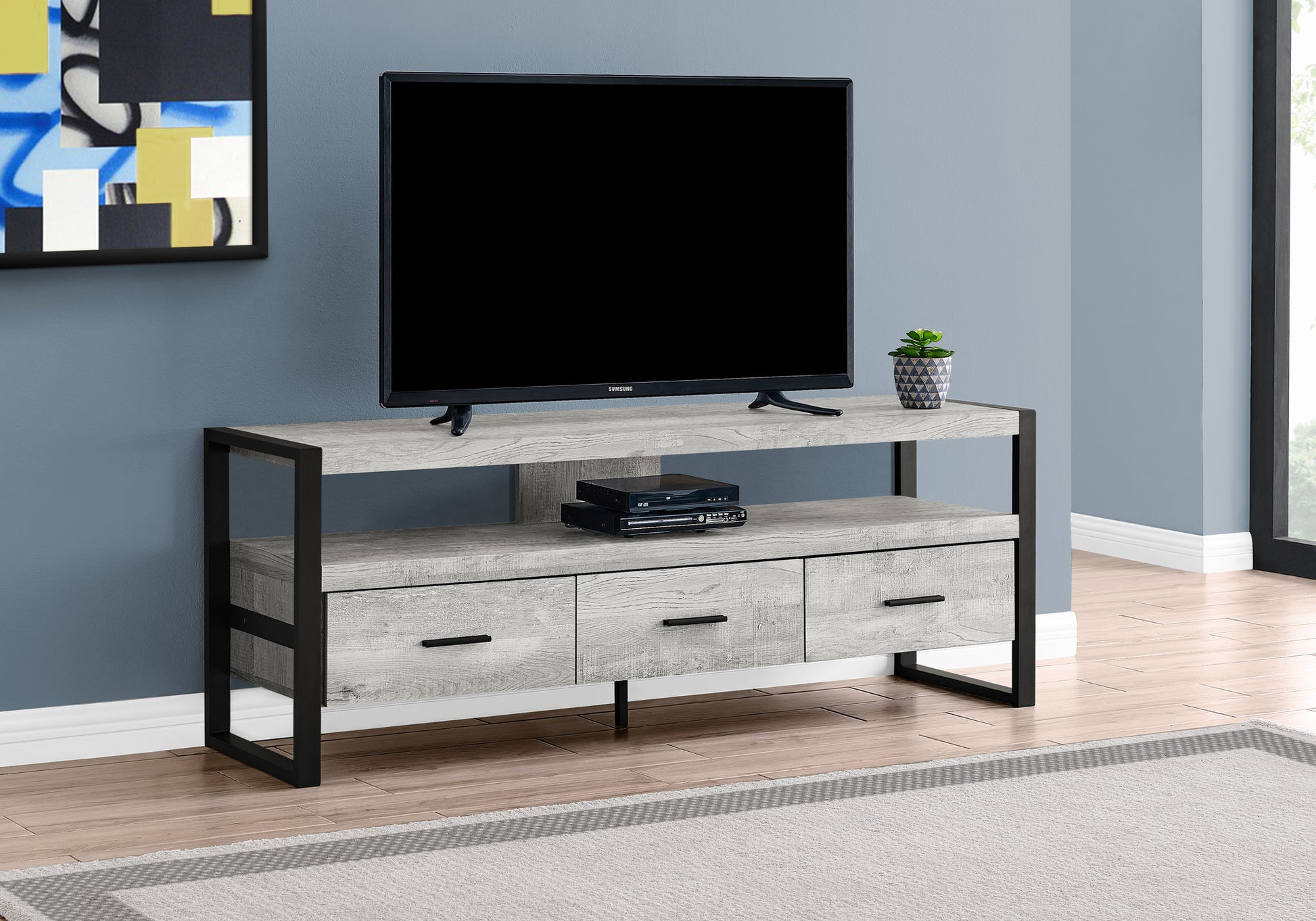 Tv Stand, 60 Inch, Console, Media Entertainment Center, Storage Drawers, Living Room, Bedroom, Grey Laminate, Black Metal, Contemporary, Modern Grey 80 89 Inches Particle Board