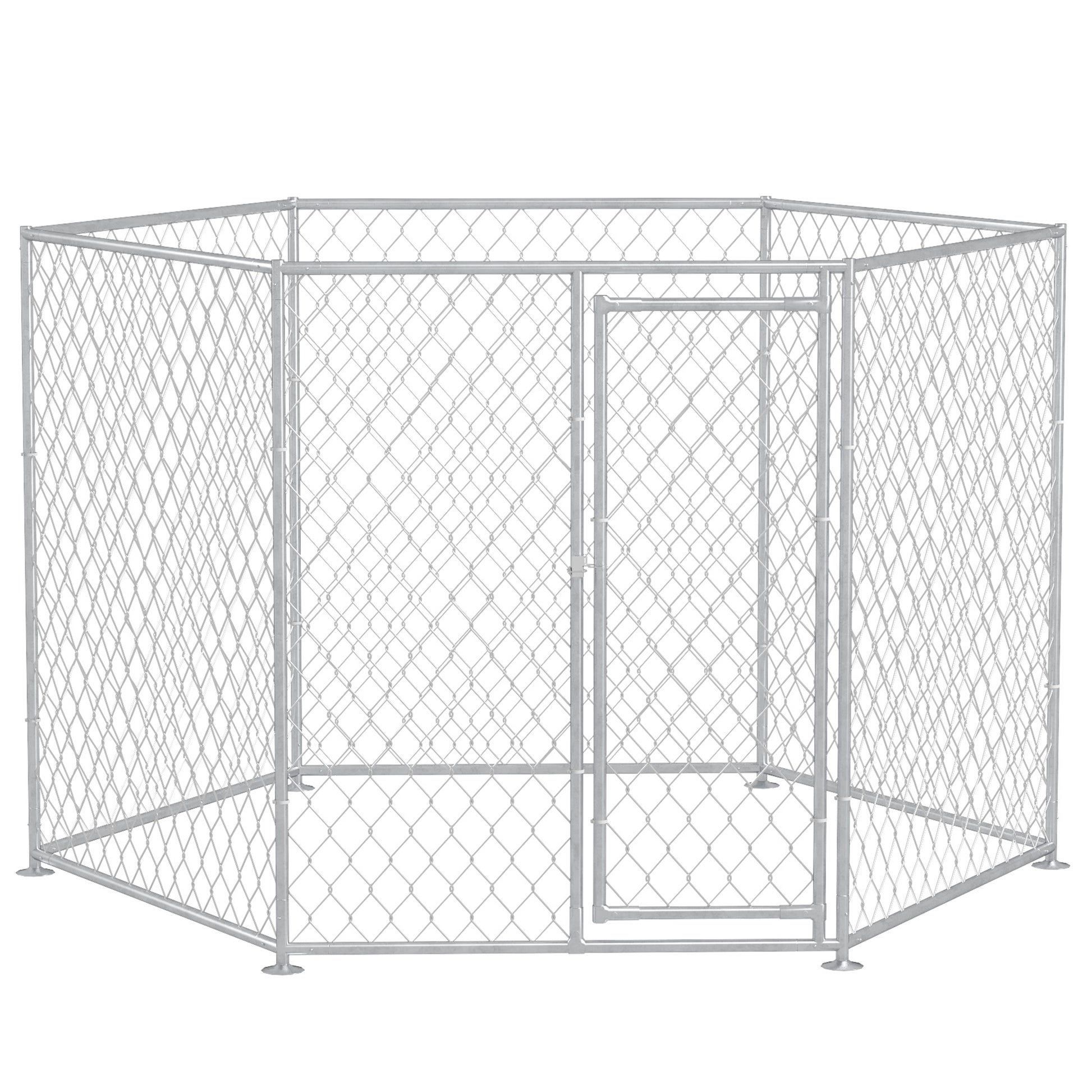 Pawhut 9.2' X 8' X 5.6' Dog Kennel, Outdoor Dog Run With Lockable Door For Medium And Large Sized Dogs, Silver Silver Steel