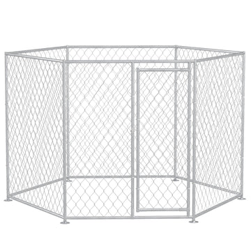 Pawhut 9.2' X 8' X 5.6' Dog Kennel, Outdoor Dog Run With Lockable Door For Medium And Large Sized Dogs, Silver Silver Steel