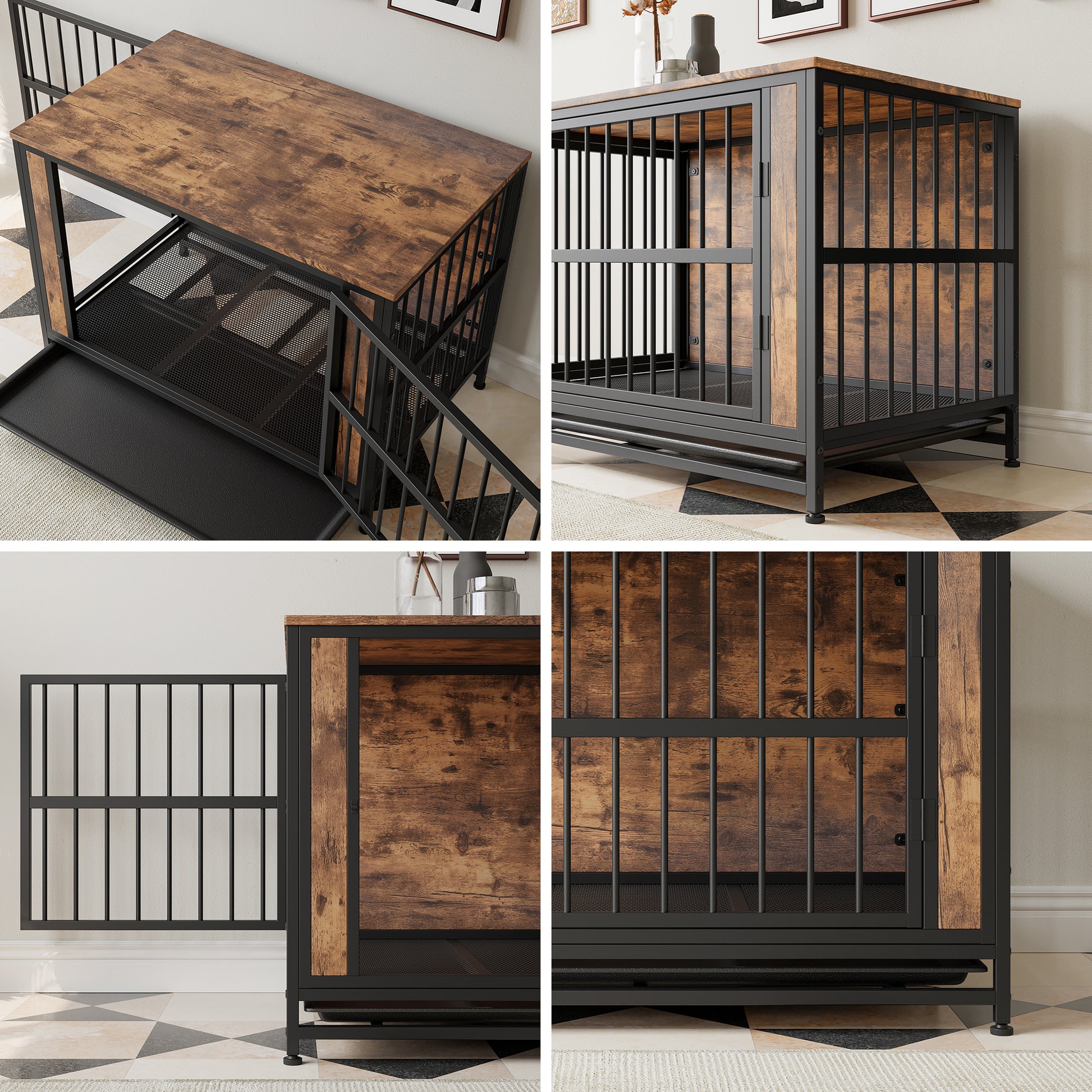 Dog Crate Furniture, Wooden Dog Crate Table, 38.9" Dog Kennel With 2 Sliding Doors And Thick Iron Door Frame, Decorative Pet Crate House For Large Medium Small Dog Indoor Use Rustic Brown Black Brown Large 41 70 Lbs Mdf Metal