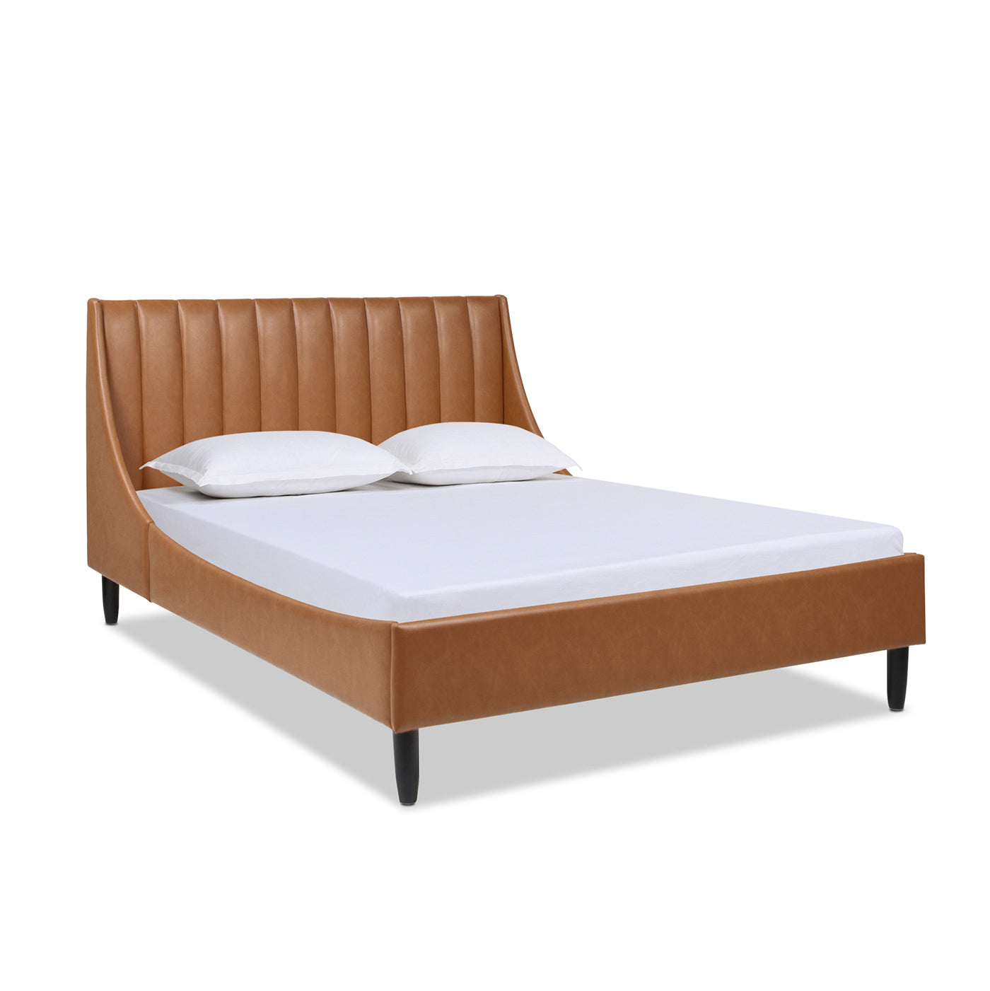 Aspen Vertical Tufted Modern Headboard Platform Bed Set, Queen, Caramel Tan Brown Faux Leather Box Spring Not Required Queen Tan Brown Wood Foam Faux Leather Faux Leather