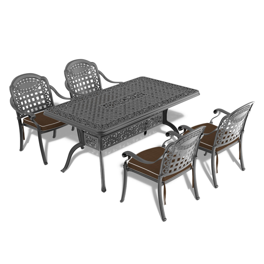 Cushions In Random Colors 5 Piece Set Of Cast Aluminum Patio Furniture With Cushions Yes Dining Set Black Seats 4 Rust Resistant Frame Water Resistant Cushion Garden & Outdoor Complete Patio Sets Aluminium