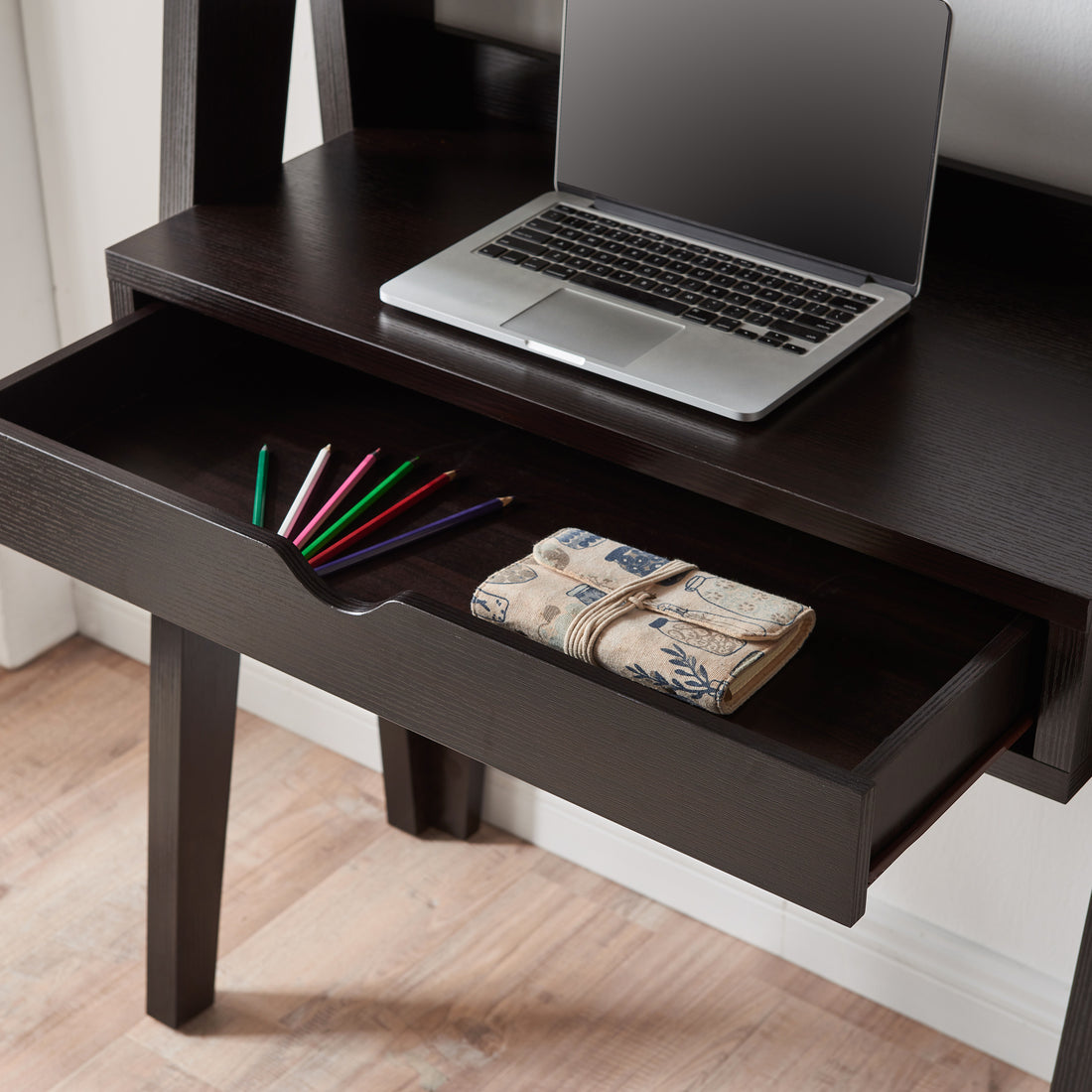 Ladder Desk With 2 Shelves And Drawer Dark Brown Mdf