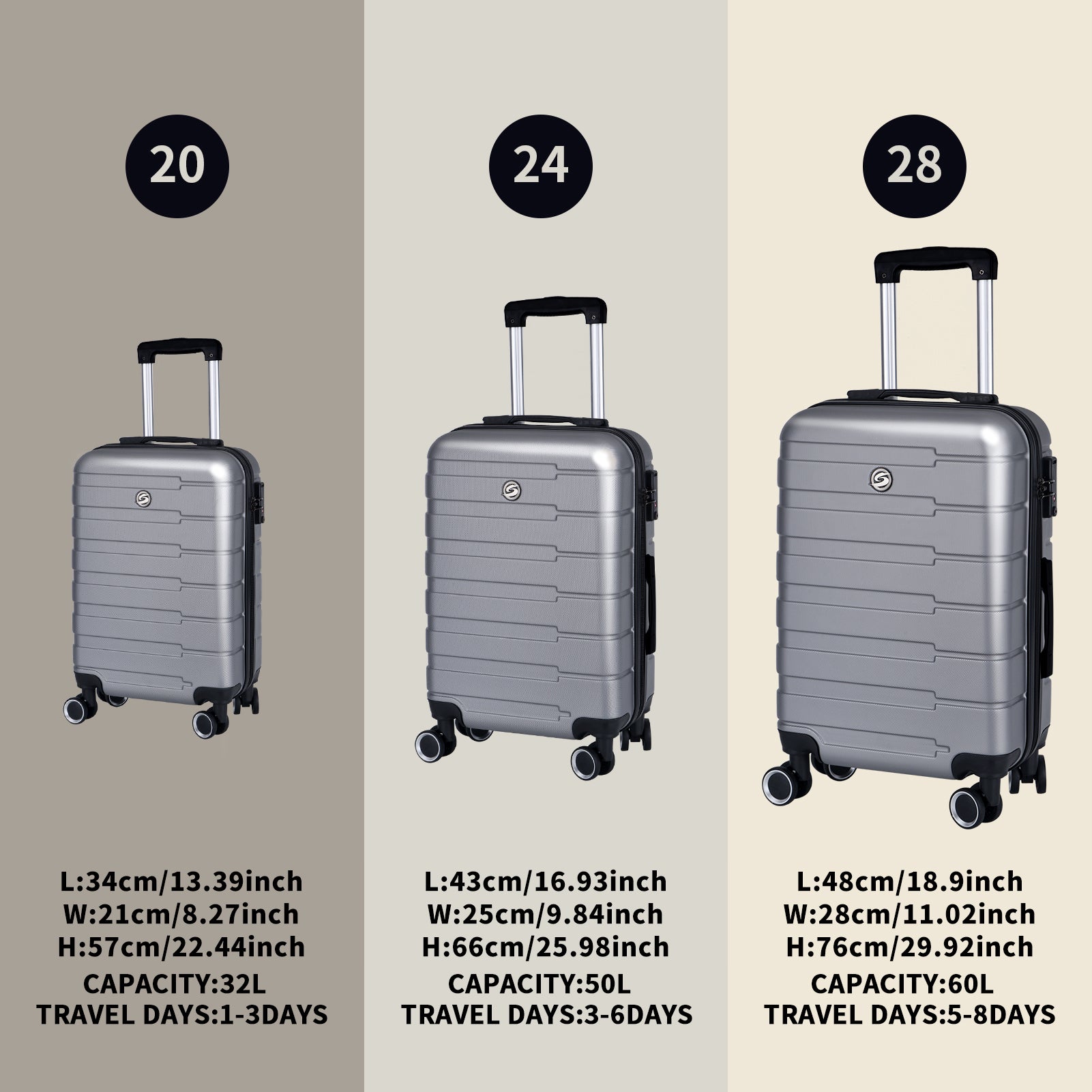 Luggage Suitcase 3 Piece Sets Hardside Carry On Luggage With Spinner Wheels 20" 24" 28" Silver Grey Abs