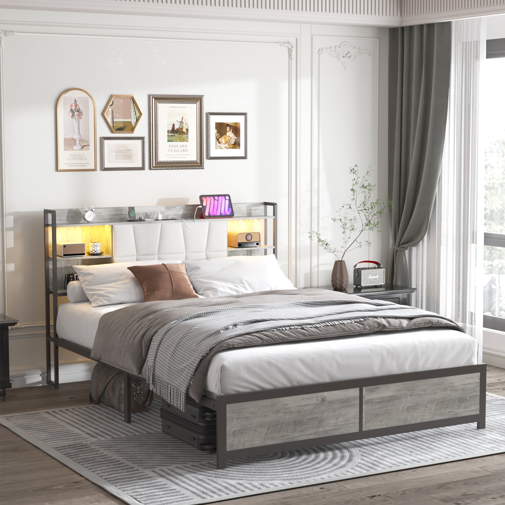 Queen Size Bed Frame With Led Light & Power Outlet, Platform Bed With Upholstered Headboard And Storage, Sturdy Metal Slats Support, No Box Spring Needed, Easy Assembly, Noise Free Box Spring Not Required Queen Ancient Oak Metal Bedroom Modern Bed Frame