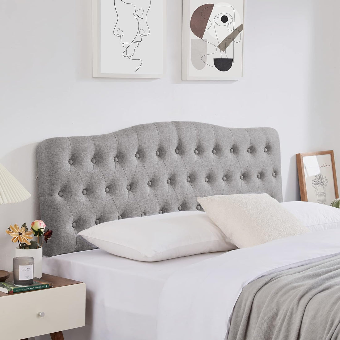 Upholstered Queen Headboard, Button Diamond Tufted Headboard With Adjustable Height And Solid Wood Leg, Linen Fabric Padded Headboard For Queen Size Bed, Mordern Head Board, Grey Queen Grey Bedroom Bed Frame Linen Fabric Metal