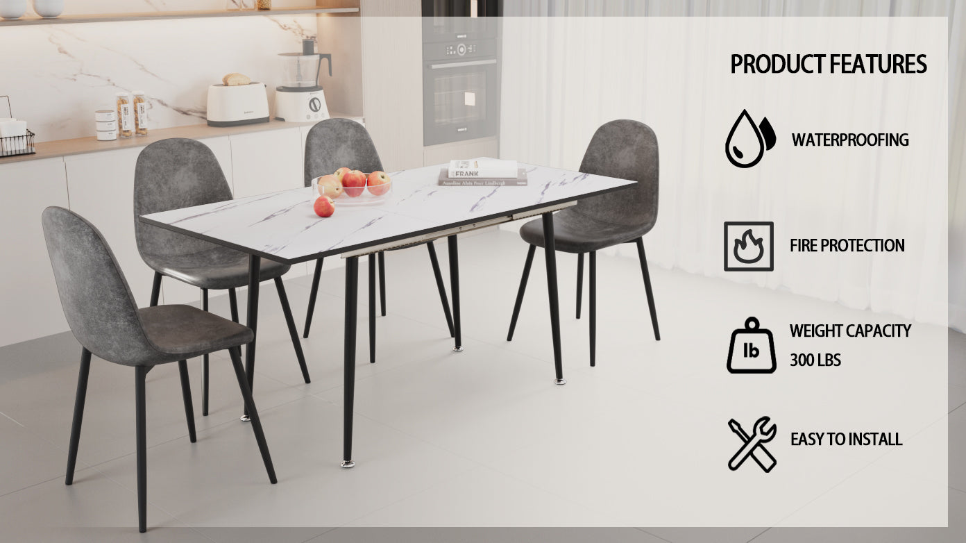 47" 63" Extendable Mdf Modern Dining Table And Chair Set, Suitable For 2 6 People, White Dining Table And Modern Grey Round Dining Chair 4 Piece Set, Metal Base And Suede Chair Grey White Mdf