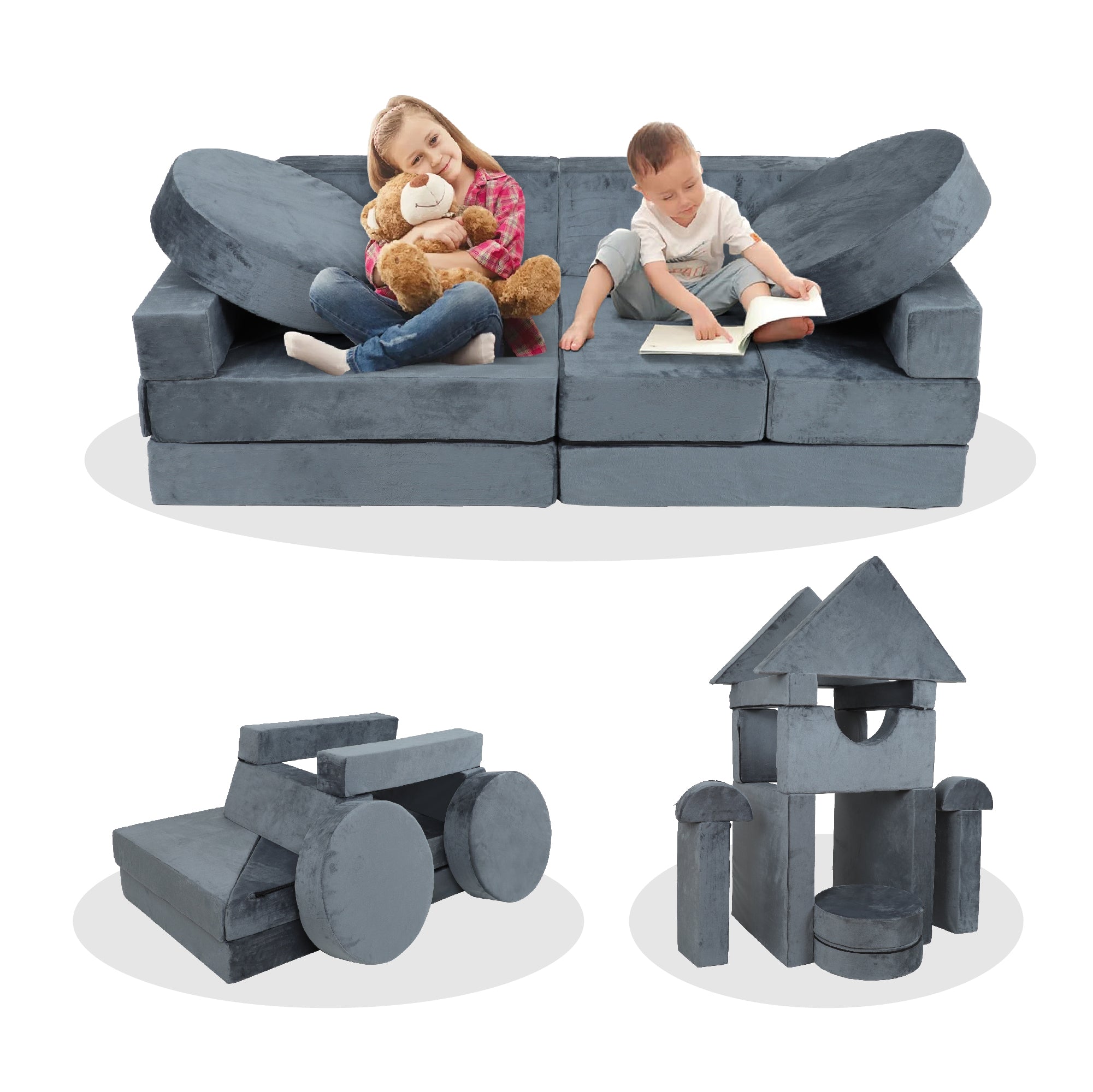 14Pcs Kids Sofa Modular Play Couch,Child Sectional Sofa To Boost Creativity,Boys And Girls Diy Creativing Playroom Couch Furniture For Toddlers Conertible Foam And Floor Cushion,Gray Grey Cotton