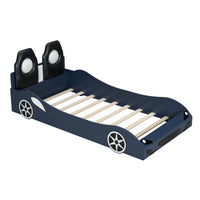 Wood Twin Size Race Car Shaped Platform Bed With Led And Upholstered Backrest, Blue Expected Arrival Time: 10.28 Box Spring Not Required Twin Blue Wood Faux Leather,Solid Wood Mdf