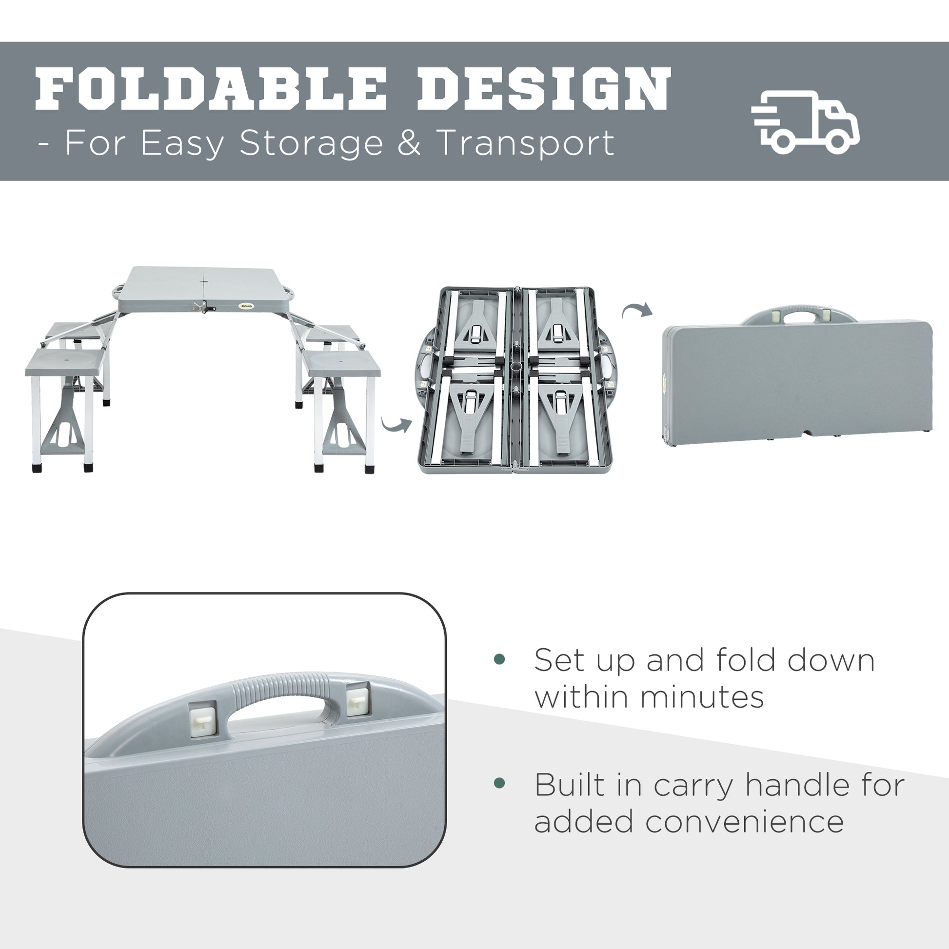 Outsunny Folding Picnic Table With Seats And Umbrella Hole, Portable Camping Chairs Set, 4 Seat, Aluminum Frame, Gray Grey Aluminum