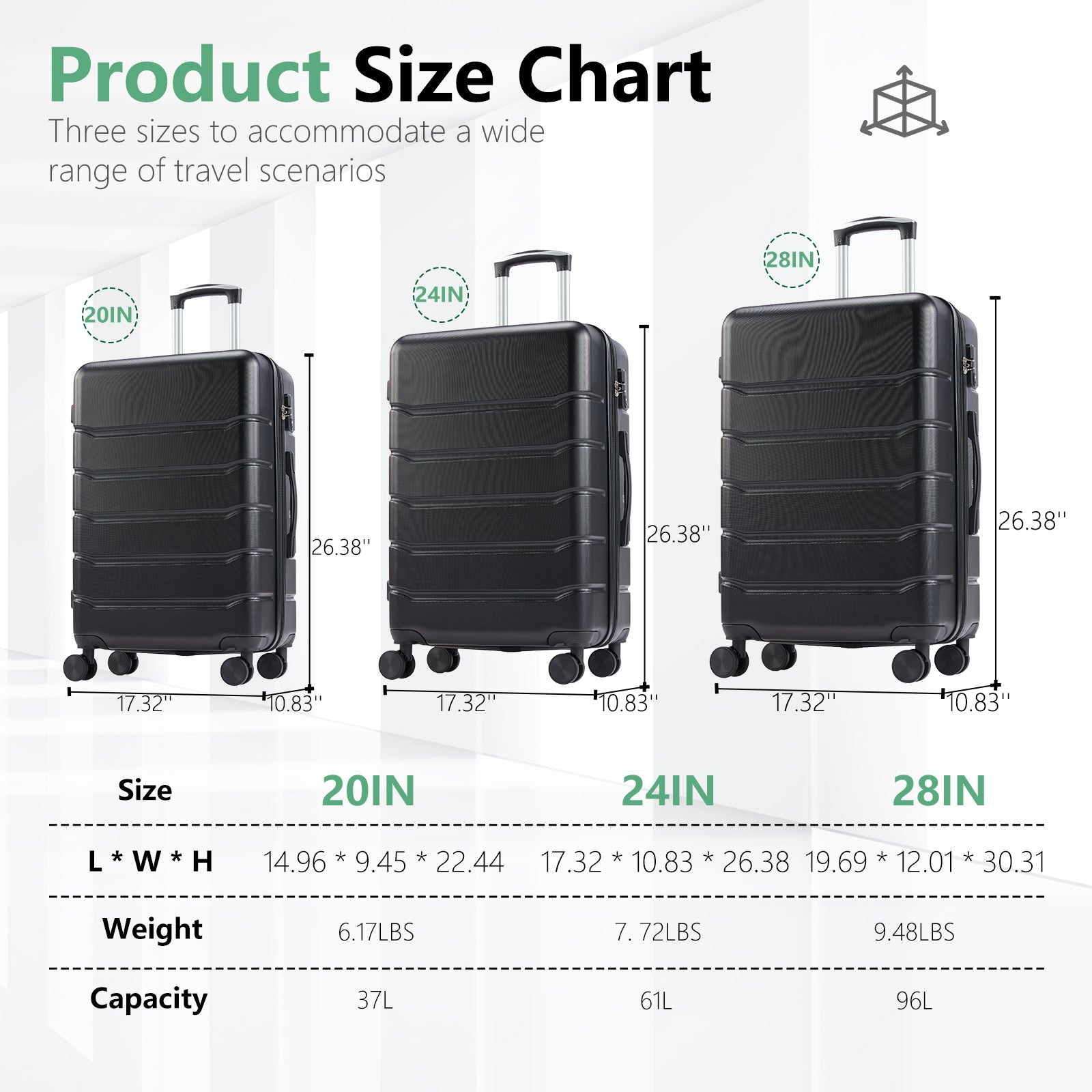 Hard Sided Expand Suitcase With Rotating Wheels, Tsa Lock, Retractable Handle, Black, 20" Black Iron Plastic