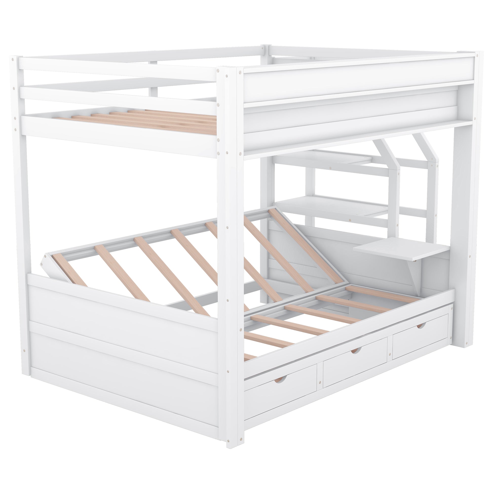 Wood Full Size Convertible Bunk Bed With Storage Staircase, Bedside Table, And 3 Drawers, White White Solid Wood Mdf