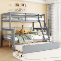 Twin Over Full Rubber Wood Bunk Bed With Trundle, Convertible Ladder And Guardrail, Detachable, Convertible Bed, With Twin Size Trundle ,Grey Twin Grey Rubber Wood