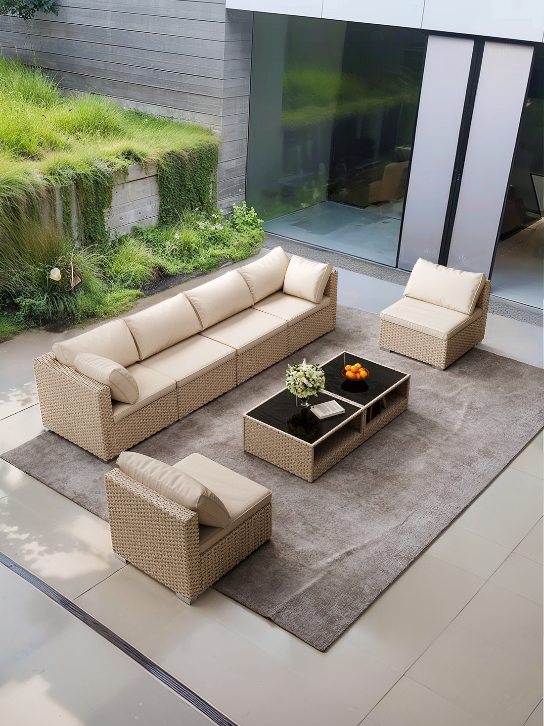 8 Piece Patio Furniture Set, All Weather Boho Outdoor Conversation Set Sectional Sofa With Water Resistant Khaki Thick Cushions Light Khaki Beige Metal