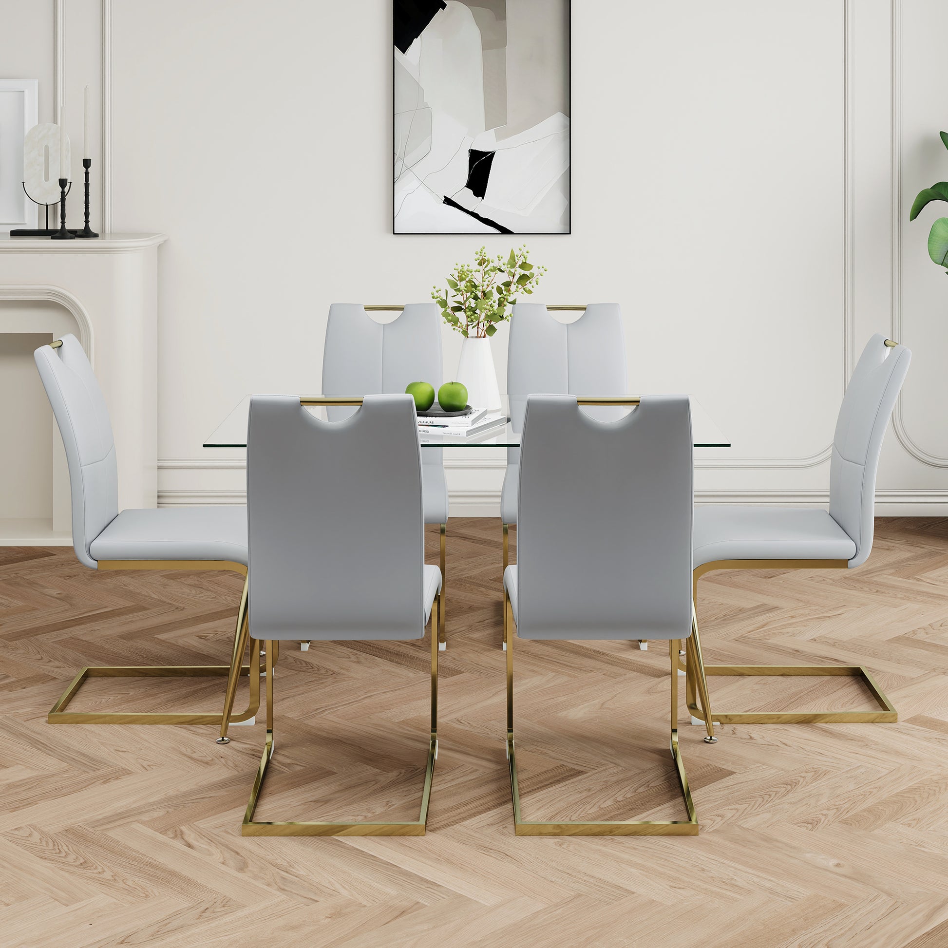 Modern Simple Rectangular Glass Dining Table, Wear Resistant Tempered Glass Countertop, Gold Plated Legs, Grey Pu Dining Chair Set, Suitable For Restaurant Kitchen Use Set Of 7 Upholstered Chair