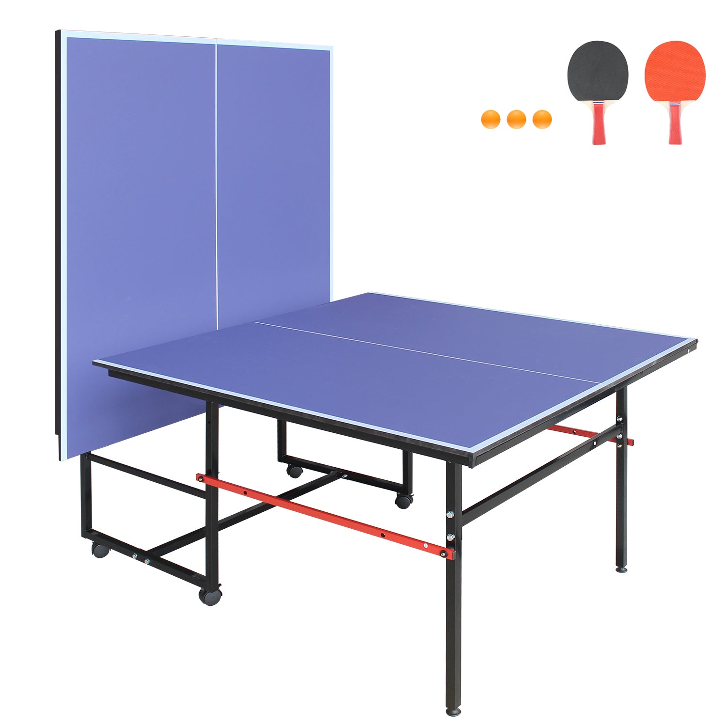 8Ft Mid Size Table Tennis Table Foldable & Portable Ping Pong Table Set For Indoor & Outdoor Games With Net, 2 Table Tennis Paddles And 3 Balls Blue Mdf