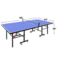 8Ft Mid Size Table Tennis Table Foldable & Portable Ping Pong Table Set For Indoor Games With Net, 2 Table Tennis Paddles And 3 Balls Blue Mdf