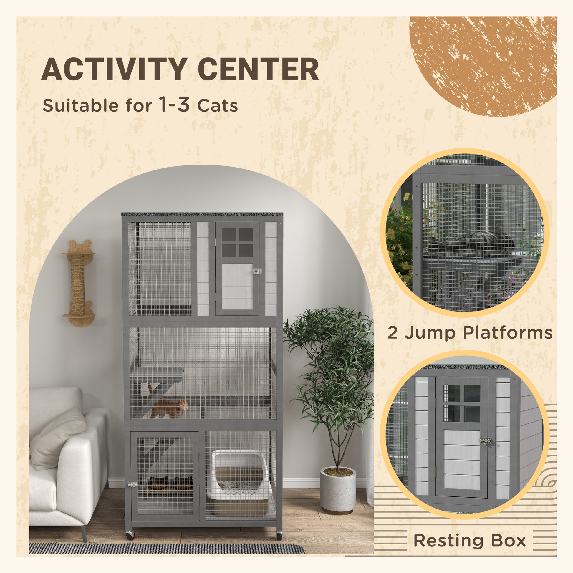 Pawhut 74" Wooden Catio Outdoor Cat House Weatherproof & Wheeled, Outside Cat Enclosure With High Weight Capacity, Kitten Cage Condo, Light Gray Light Gray Steel