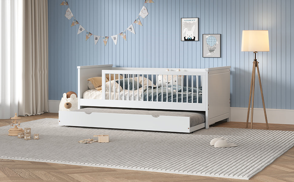 Wood Twin Size Platform Bed With Guardrail And Trundle, White Box Spring Not Required Twin White Wood Bed Frame Solid Wood Mdf