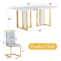 Table And Chair Set.67"X36" White Marble Pattern Mdf Dining Table Set With 6 Light Gray Pu Chairs.Mdf Sticker,White Marble Pattern Sticker,Gold C Tube Chair Legs,Suitable For Kitchen,Dining