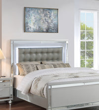 Beautiful Silver Tufted Faux Leather Queen Size Bed W Led Lights 1Pc Panel Bedframe Bedroom Box Spring Required Queen Silver Wood Bedroom Classic,Contemporary,Traditional Rubberwood Bed Frame Faux