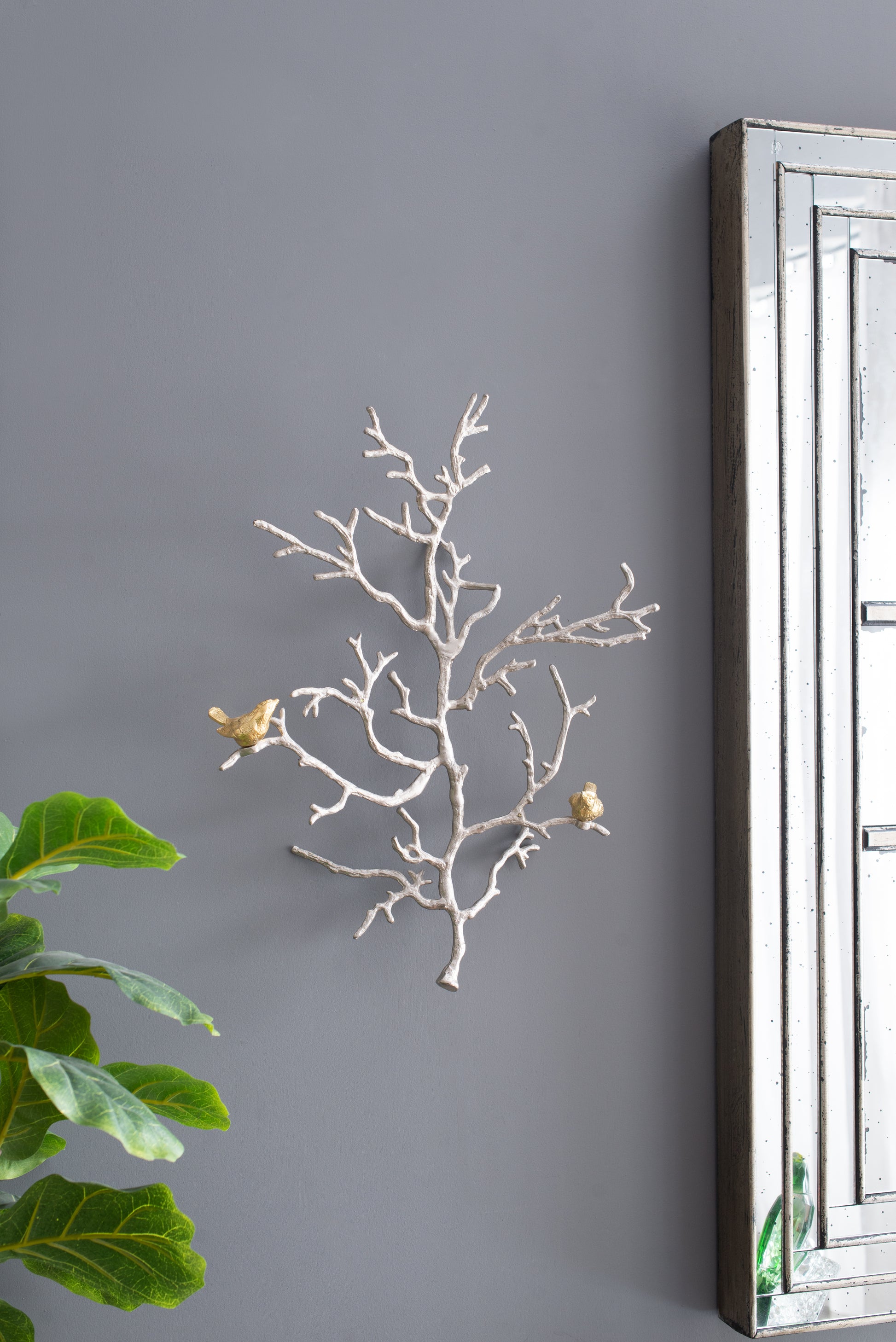 17X5.5X22" Metal Branch Wall Sculptures With Bird Accents, Set Of 2 Silver Multi Aluminium
