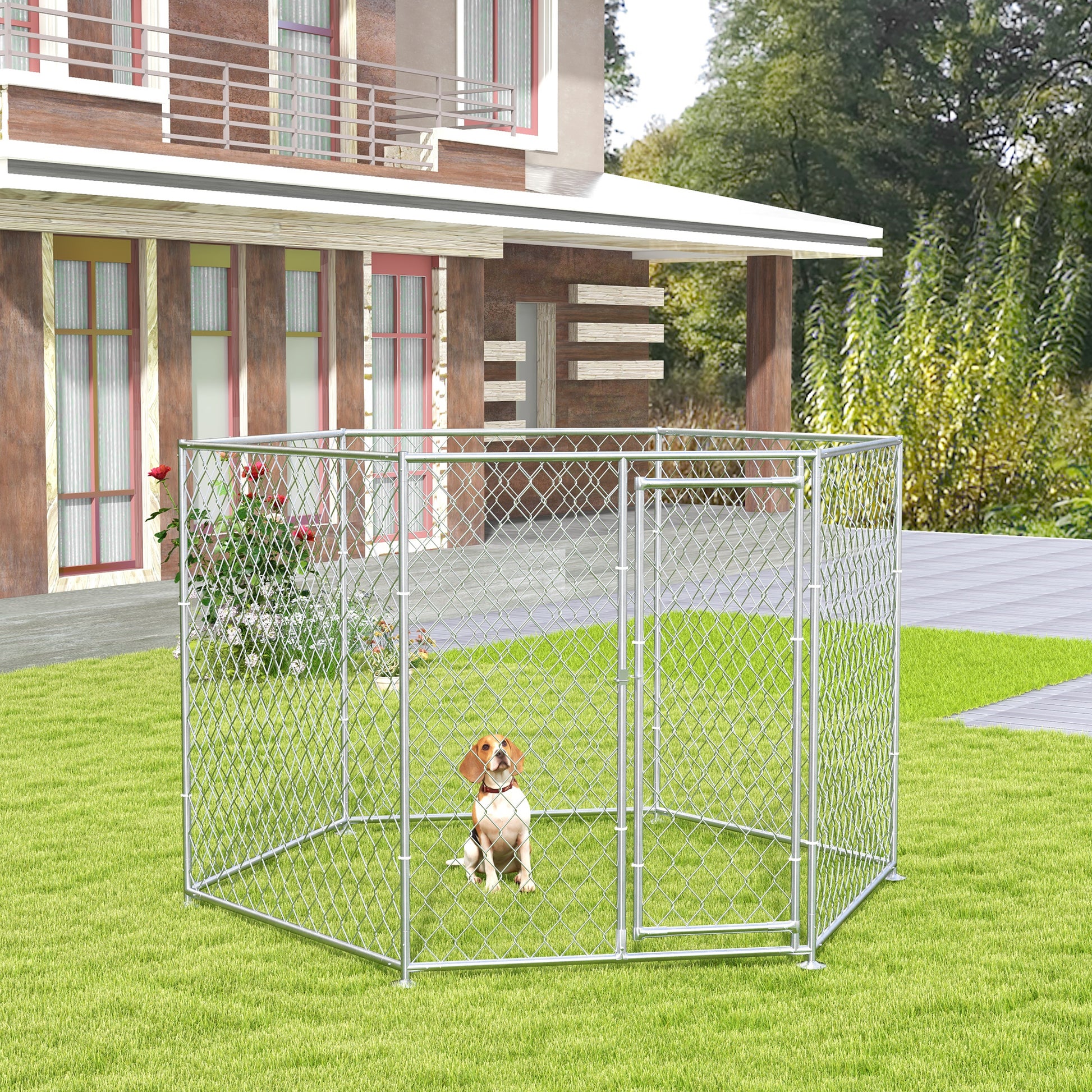 Pawhut 9.2' X 8' X 5.6' Dog Kennel, Outdoor Dog Run With Lockable Door For Medium And Large Sized Dogs, Silver Silver Steel