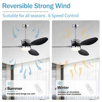 52'' Abs Blades Ceiling Fan With Lights And Dc Remote, Dc Motor Modern Ceiling Fan With 3 Abs Fan Blades & 2 Down Rods, Indoor Ceiling Fan With Light For Bedroom,Living Room Chrome American Design Abs Metal