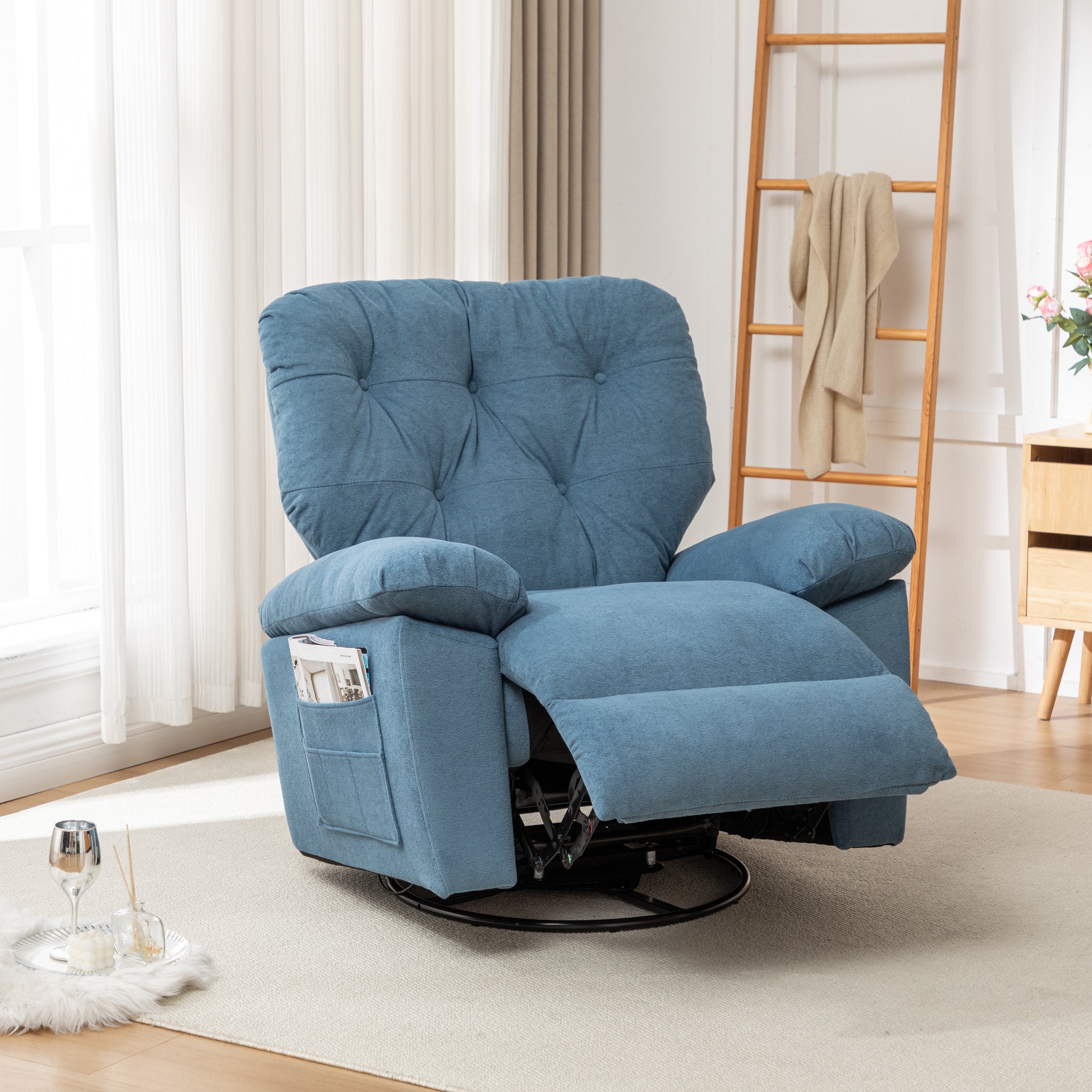 Blue Relaxing Recliner Chair,Soft Artificial Fleece, Overstuffed, Swivel, Glider, Side Pocket Blue Manual Push Button Wood Bedroom Medium Soft Tight Back Heavy Duty Modern Push Button Oak Cotton